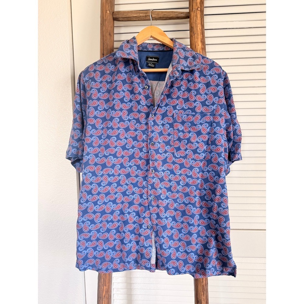 Neiman Marcus Silk Paisley Button Down Short Sleeve Shirt Mens Size M